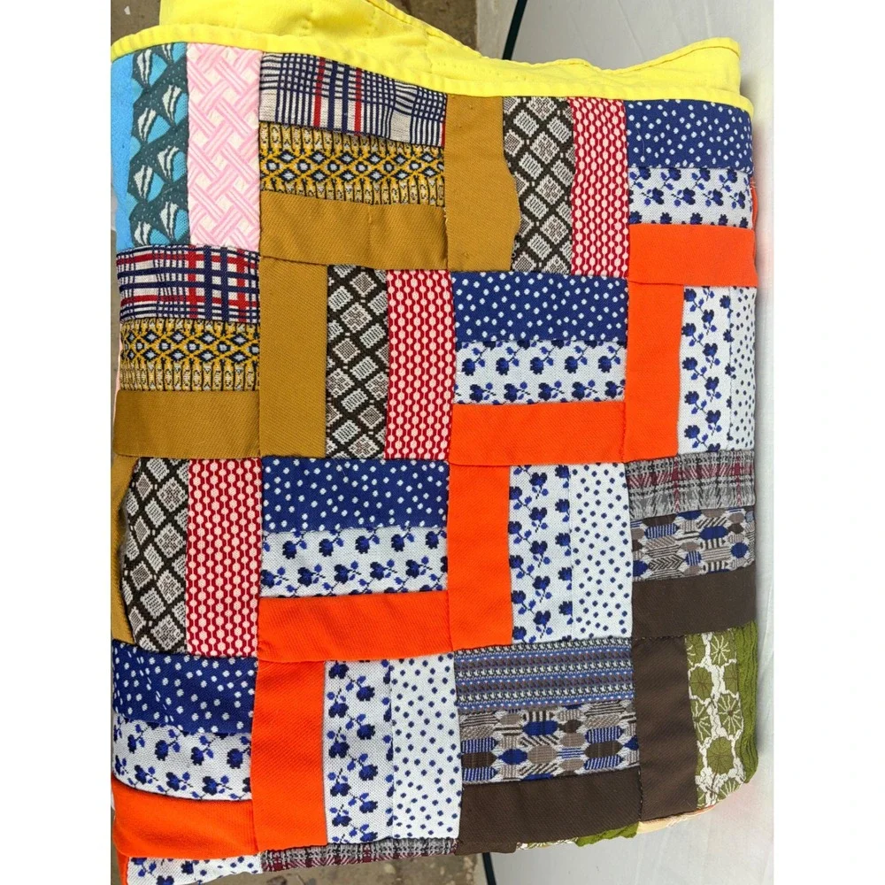 Vintage Handmade Patchwork Quilt Rainbow Polyester Double Knit 70s Retro 68x82